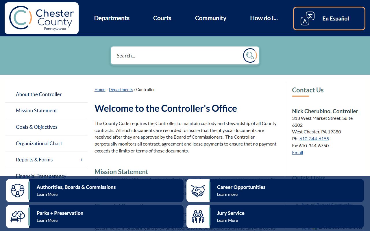 Chester County people search controller financial records