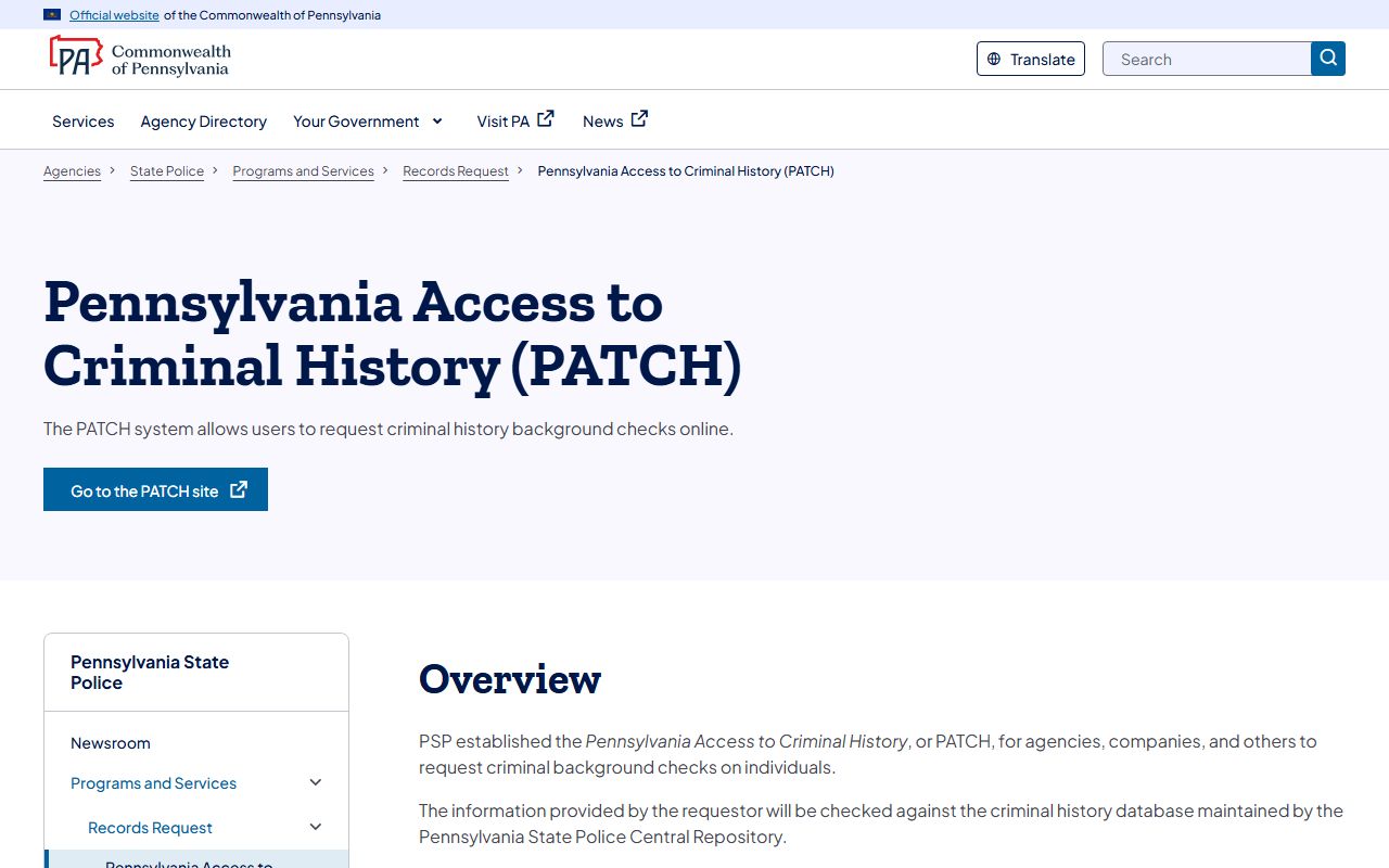 Pennsylvania PATCH system overview for people search