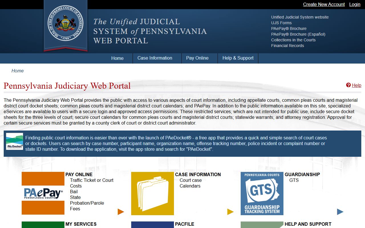 Pennsylvania Unified Judicial System portal for people search records